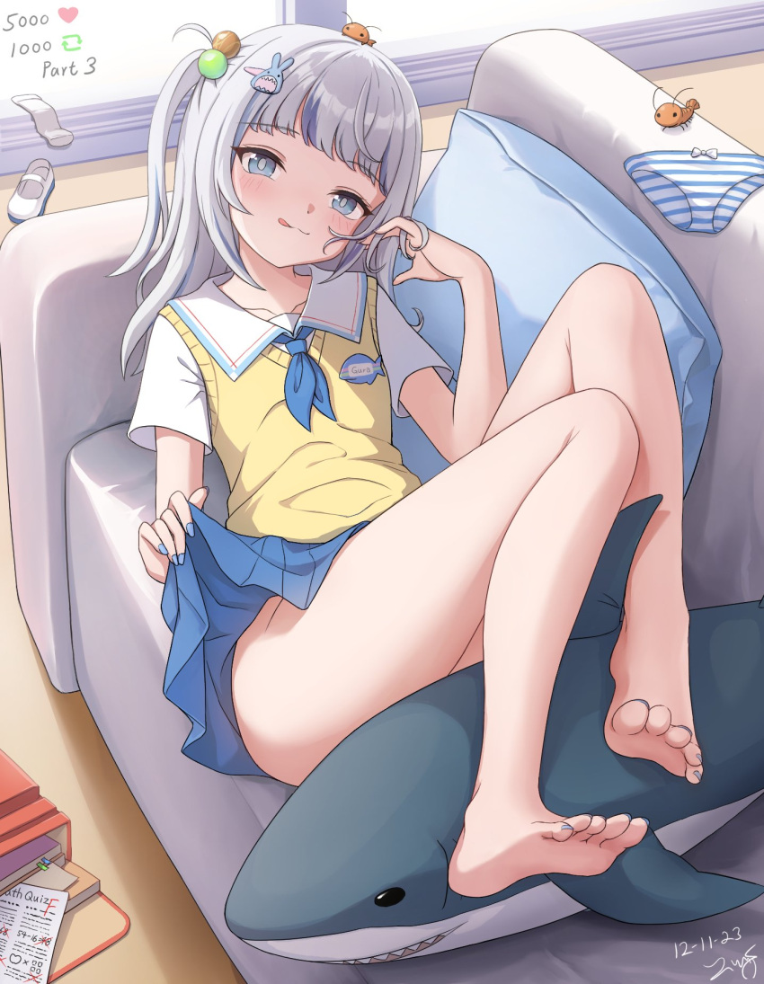 1girl :q backpack bag bare_legs barefoot blue_eyes blue_hair blue_nails blue_neckerchief blue_skirt blush closed_mouth clothes_lift collared_shirt couch dated ebi-chan_(gawr_gura) feet fingernails gawr_gura gawr_gura_(school_uniform) grey_hair hair_bobbles hair_ornament highres hololive hololive_english indoors legs lifted_by_self like_and_retweet long_fingernails looking_at_viewer lying medium_hair meme multicolored_hair nail_polish neckerchief no_panties official_alternate_costume on_back on_couch one_side_up panties rabbit_hair_ornament randoseru shirt shoes short_sleeves signature skirt skirt_lift smile socks soles solo streaked_hair striped striped_panties stuffed_animal stuffed_shark stuffed_toy test thighs toenail_polish toenails toes tongue tongue_out twitter_strip_game_(meme) underwear unworn_panties unworn_socks uwabaki vest virtual_youtuber white_socks yellow_vest zeng$_(zwj)