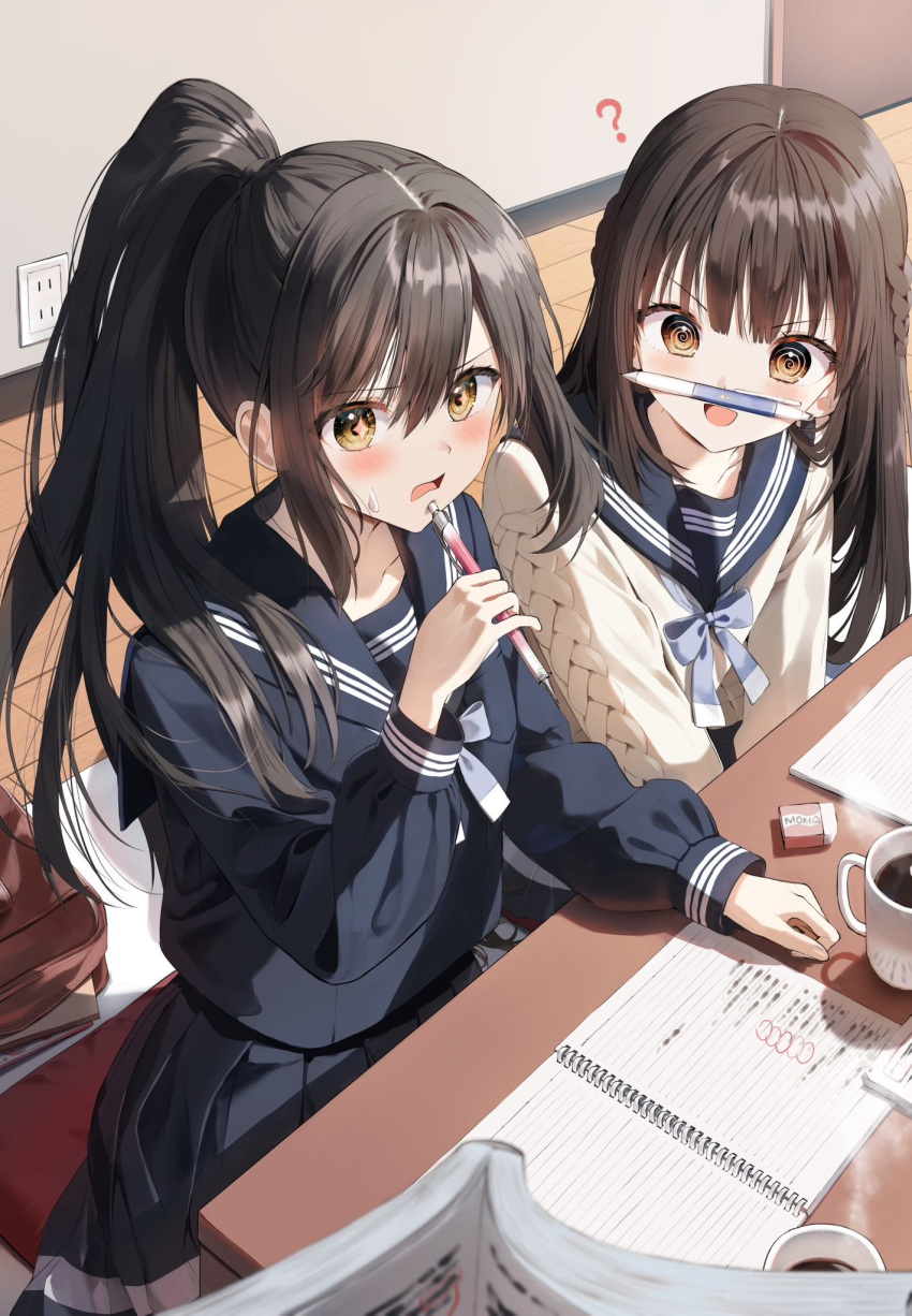 +_+ 2girls :d ? @_@ black_hair black_sailor_collar black_serafuku black_shirt black_skirt blue_bow blush bow briefcase brown_eyes brown_hair brown_sweater commentary_request cup eraser hair_between_eyes highres indoors long_hair mug multiple_girls original osana_naruka pencil_as_mustache pentagon_(railgun_ky1206) pleated_skirt ponytail sailor_collar school_briefcase school_uniform serafuku shirt skirt smile steam sweat sweater table tsurugi_saya v-shaped_eyebrows very_long_hair wooden_floor