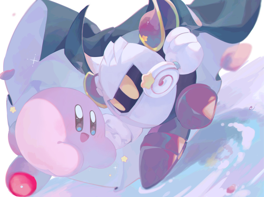 blue_cape blue_eyes blue_skin candy cape chromatic_aberration colored_skin commentary_request food gloves hand_on_another's_face highres holding holding_candy holding_food holding_lollipop invincible_candy kananishi kirby kirby_(series) light_blush lollipop looking_at_another meta_knight no_humans open_mouth petals pink_skirt purple_footwear red_footwear ripples sabaton shoes shoulder_pads skirt smile solid_oval_eyes sparkle star_(symbol) two-sided_cape two-sided_fabric white_background white_cape white_gloves white_mask yellow_eyes
