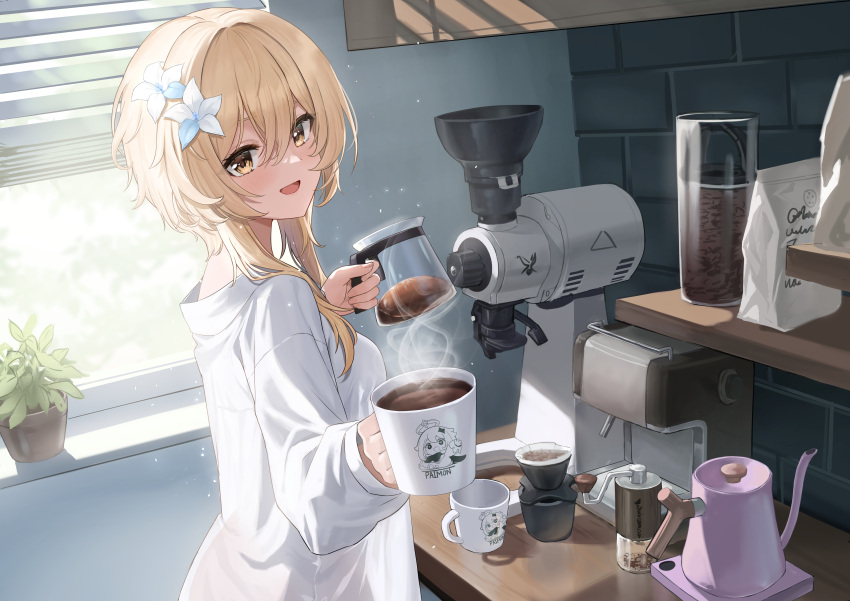 1girl absurdres ayul_(ayulneri_92) blonde_hair blush breasts coffee coffee_grinder coffee_maker coffee_mug coffee_pot cup flower genshin_impact hair_flower hair_ornament highres indoors long_sleeves looking_at_viewer looking_back lumine_(genshin_impact) medium_breasts medium_hair mug open_mouth paimon_(genshin_impact) plant potted_plant shirt sidelocks smile solo white_shirt window yellow_eyes