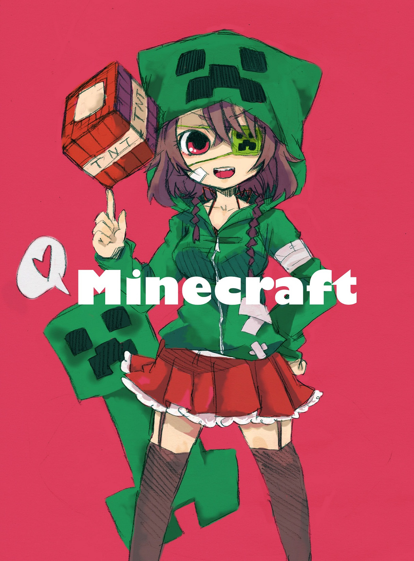 braid brown_hair creeparka creeper eyepatch heart highres hood hoodie kadokawa_(kdkwww) long_hair minecraft open_mouth personification red_background red_eyes skirt solo thighhighs tnt