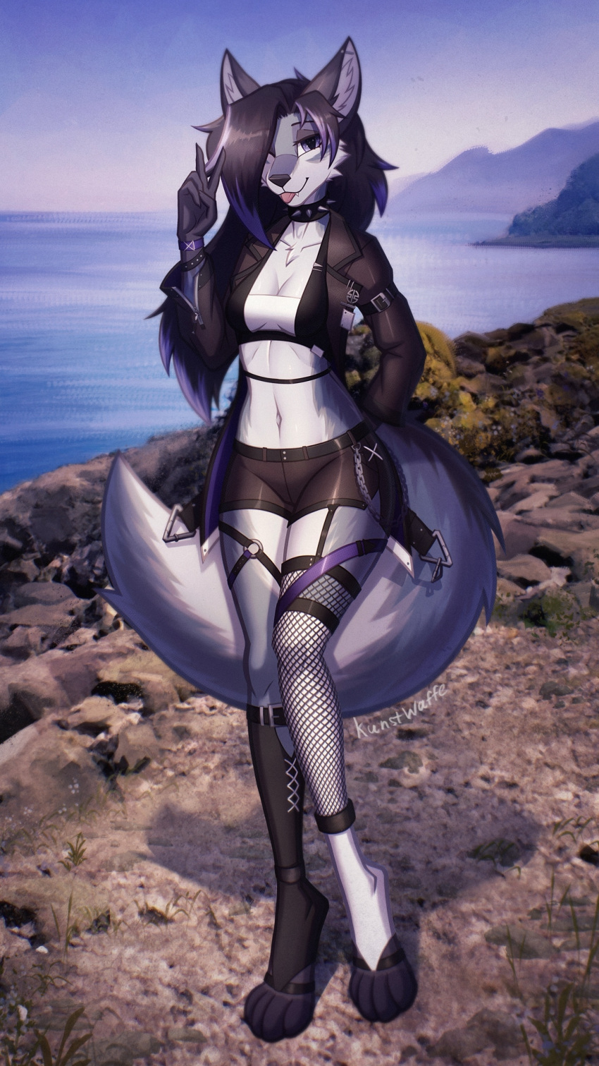 absurd_res beach belt blep blinking breasts canid canine clothing collar curvy_figure detailed detailed_background ear_piercing female fishnet fluffy fluffy_tail fox gesture hi_res hourglass_figure jacket kunstwaffe legwear mammal piercing sea seaside solo solo_focus spiked_collar spikes stockings tail thick_thighs thigh_highs tongue tongue_out topwear v_sign water wide_hips