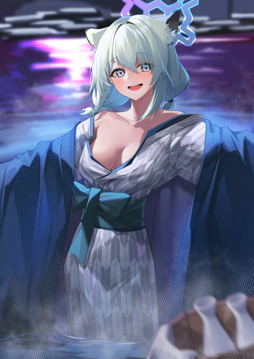 1girl absurdres animal_ears bath_yukata blue_archive blurry blush breasts collarbone depth_of_field green_hair halo hanten_(clothes) highres japanese_clothes kimono kuroja looking_at_viewer medium_breasts official_alternate_costume onsen outstretched_arms shigure_(blue_archive) shigure_(hot_spring)_(blue_archive) smile solo steam tokkuri wading weasel_ears yukata