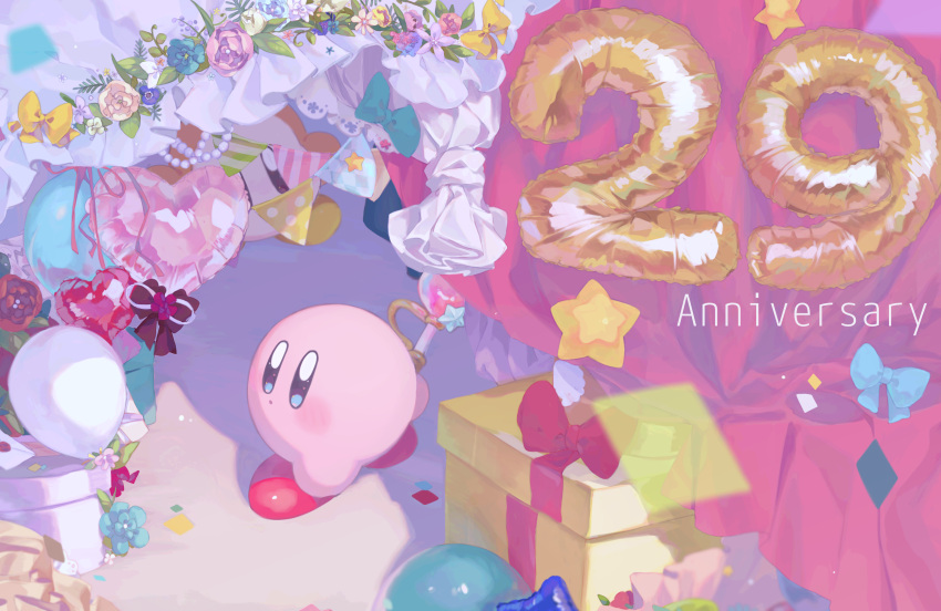 :o absurdres anniversary balloon blue_bow blue_eyes bow brown_eyes colored_skin commentary_request confetti curtains english_text flower frills from_behind gift heart heart_balloon highres holding holding_wand kananishi kirby kirby_(series) light_blush looking_at_viewer looking_back number_balloon orange_skin parted_lips pink_flower pink_rose pink_skin red_bow red_flower red_footwear rose shoes star_(symbol) waddle_dee wand white_flower white_rose yellow_bow yellow_footwear