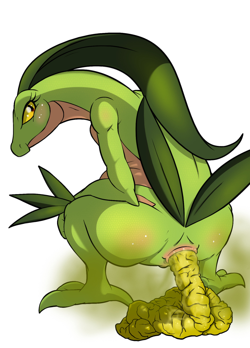 anus belly big_belly butt feces female game_freak generation_3_pokemon green_body grovyle hi_res leaf_tail looking_at_viewer looking_back looking_back_at_viewer multicolored_body nintendo pokemon pokemon_(species) pooping red_body scat smile solo tail thecapedmanlloyd thick_thighs two_tone_body wide_hips yellow_sclera
