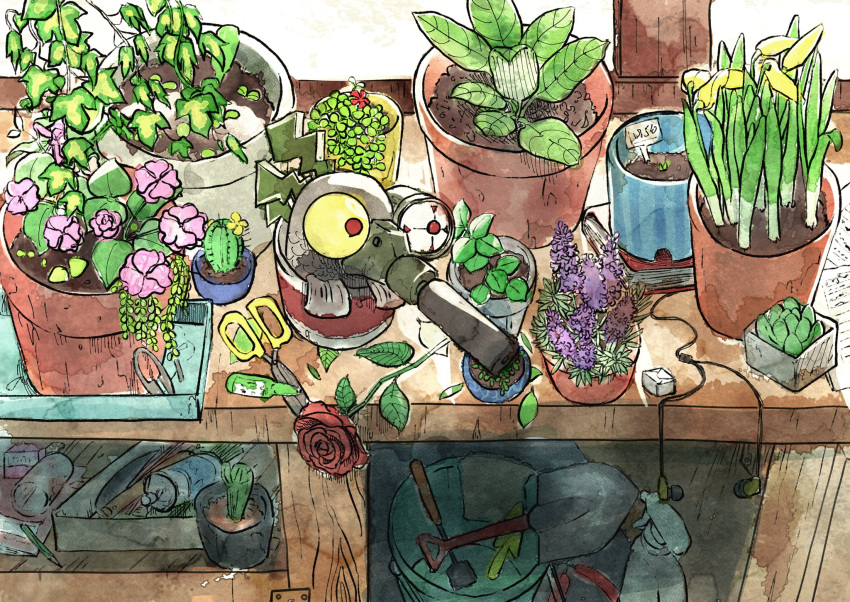 artificial_eye book bucket cactus commentary_request earbuds earphones flower gokigenfriday highres indoors mechanical_eye plant potted_plant red_flower red_rose rose scissors shovel soil splatoon_(series) splatoon_3 stinger_(splatoon) window