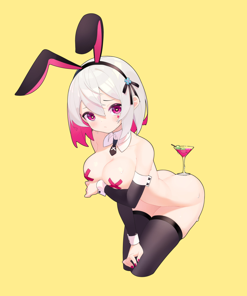 1girl absurdres aiee animal_ears arched_back arm_under_breasts ass bent_over black_thighhighs blush breasts cocktail cocktail_glass colored_inner_hair cross_hair_ornament cross_pasties cup detached_collar detached_sleeves drinking_glass fake_animal_ears grey_hair hair_between_eyes hair_ornament heart heart-shaped_pupils highres leaning_forward legs_together looking_at_viewer medium_breasts multicolored_hair nail_polish necktie no_panties original pasties pink_hair playboy_bunny rabbit_ears red_eyes short_necktie simple_background skindentation sticker_on_face sweat sweatdrop symbol-shaped_pupils thighhighs wet wrist_cuffs yellow_background