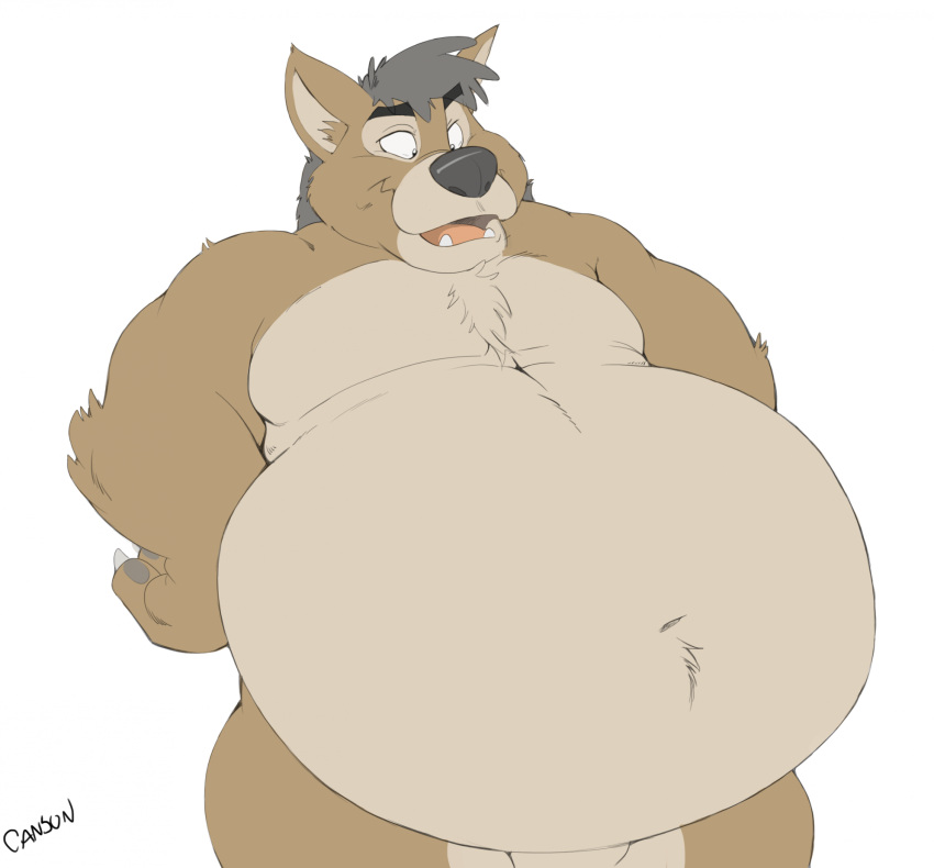 anthro belly big_belly canid canine canis canson critter hair hands_on_hips hi_res male mammal nude open_mouth overweight overweight_anthro overweight_male solo wolf