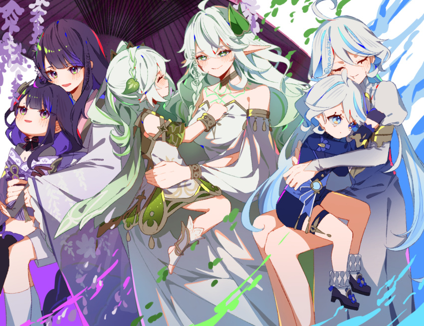 6+girls aged_down black_footwear black_gloves blue_dress blue_eyes blue_hair blue_jacket blue_shorts blunt_bangs blush bracelet braid breasts cape closed_eyes collarbone crossed_bangs detached_sleeves dress face-to-face focalors_(genshin_impact) furina_(genshin_impact) genshin_impact gloves gradient_dress gradient_hair green_cape green_dress green_hair hair_ornament head_rest heterochromia hug invisible_chair jacket japanese_clothes jewelry juliet_sleeves kimono kodona large_breasts leaf_hair_ornament light_blue_hair lolita_fashion long_hair long_sleeves looking_at_another makoto_(genshin_impact) mother_and_daughter multicolored_hair multiple_girls nahida_(genshin_impact) nara_nakiri oil-paper_umbrella open_mouth parted_bangs pointy_ears puffy_sleeves purple_eyes purple_hair purple_kimono raiden_shogun rukkhadevata_(genshin_impact) shorts shrug_(clothing) side_braid side_ponytail sidelocks sitting sitting_on_person sleeveless sleeveless_dress smile socks spoilers stirrup_footwear strapless strapless_dress streaked_hair tearing_up toeless_footwear twitter_username umbrella white_dress white_socks wide_sleeves