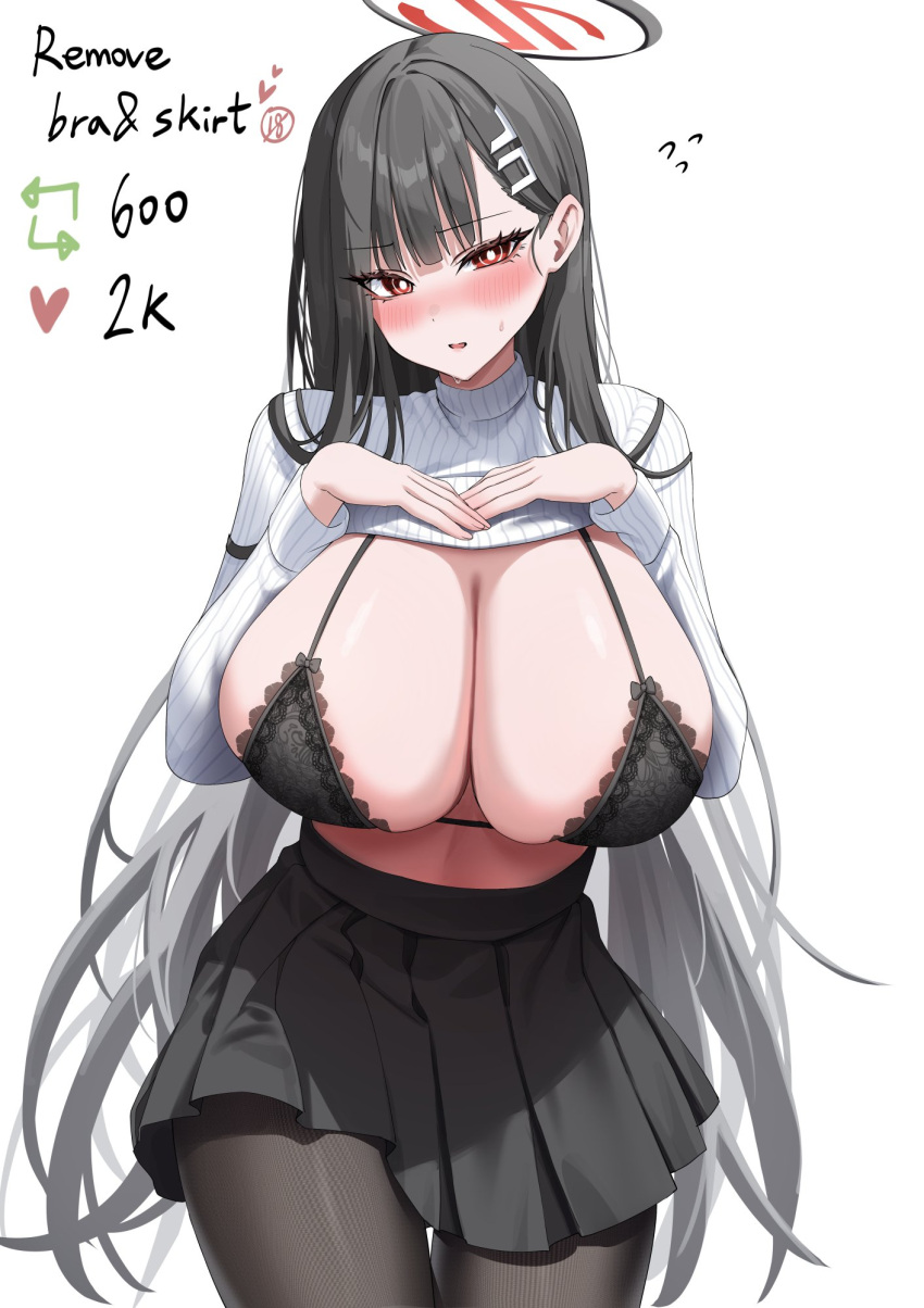 1girl black_bra black_hair black_halo black_pantyhose black_suit blue_archive blush bra breasts bright_pupils clothes_lift english_commentary halo highres id_card large_breasts lifted_by_self long_hair looking_at_viewer meme pantyhose plaid plaid_skirt red_eyes ribbed_sweater rio_(blue_archive) simple_background skirt solo suit sweater sweater_lift turtleneck turtleneck_sweater twitter_strip_game_(meme) underwear white_background white_pupils white_sweater yampa