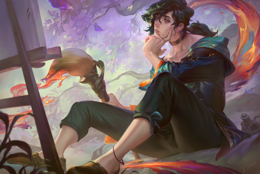 1boy absurdres anklet bich_hoan black_pants branch brown_footwear closed_mouth collarbone fingernails full_body green_eyes hand_on_own_chin highres holding holding_brush hwei_(league_of_legends) jewelry leaf league_of_legends long_hair looking_ahead male_focus outdoors paint pants ponytail purple_eyes sidelocks sitting solo swept_bangs tree