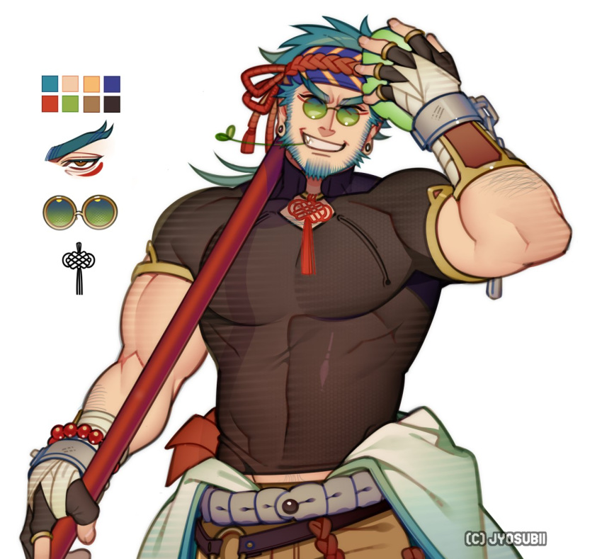 1boy 700hash arm_hair bara bead_bracelet beads beard black_shirt blue_hair bracelet carrying_over_shoulder closed_eyes clothes_around_waist color_guide cowboy_shot disembodied_eye earrings facial_hair fingerless_gloves gloves green-tinted_eyewear hachimaki headband highres holding holding_pole jewelry long_sideburns male_focus midriff_peek mouth_hold muscular muscular_male necklace original pectorals pole red_headwear round_eyewear shirt short_hair sideburns simple_background smile solo stalk_in_mouth stud_earrings tassel teeth thick_eyebrows tight_clothes tight_shirt tinted_eyewear two-tone_bandana white_background yellow-framed_eyewear