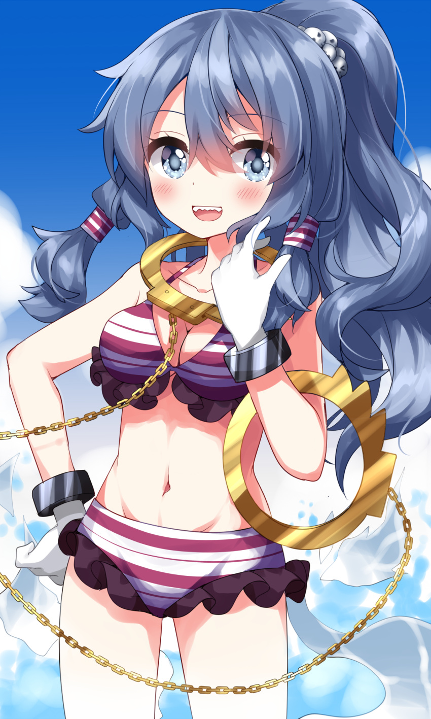 1girl :d adapted_costume bikini blue_eyes blue_hair blue_sky breasts chain cleavage cloud cloudy_sky collarbone commentary_request cowboy_shot cuffs frilled_bikini frills gloves gold_chain groin hair_ornament hair_tubes handcuffs highres holding holding_handcuffs horizontal-striped_swimsuit long_hair medium_breasts miyadeguchi_mizuchi navel ponytail purple_bikini ruu_(tksymkw) shackles sharp_teeth skull_hair_ornament sky smile solo striped striped_bikini swimsuit teeth touhou white_bikini white_gloves