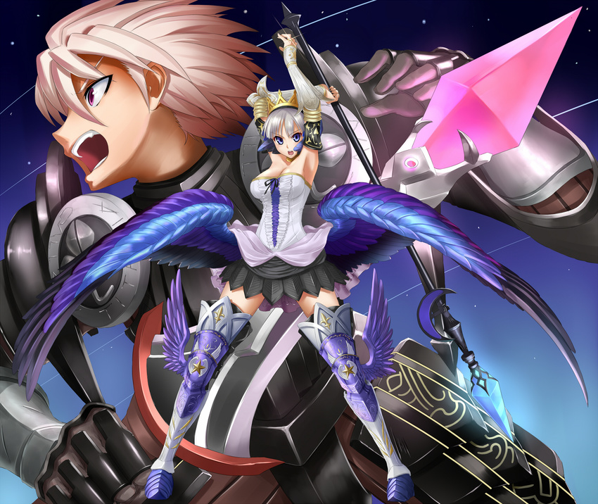 1girl armor armored_dress black_armor crown crystal dress gwendolyn highres odin_sphere oswald_(odin_sphere) polearm spear strapless strapless_dress sword takebi thighhighs weapon wings zettai_ryouiki