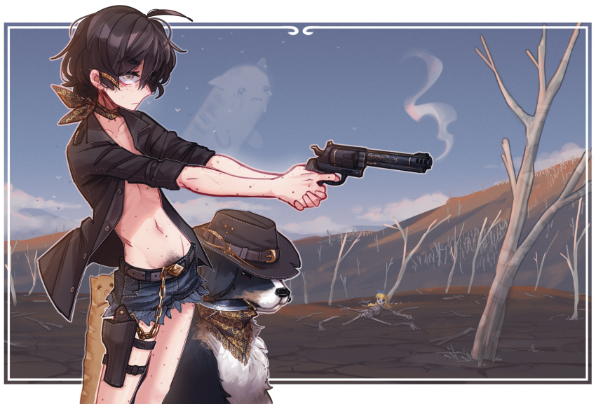 1girl absurdres aged_up animal bare_tree black_hair blind_girl's_dog_(popopoka) blind_girl_(popopoka) cat_baguette_(popopoka) collarbone cowgirl_(western) denim denim_shorts dog freckles from_side gun handgun highres holding holding_gun holding_weapon holster navel open_clothes open_shirt original outdoors popopoka shirt shorts tree weapon