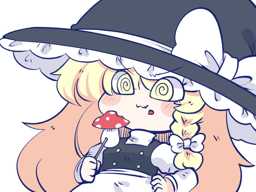 1girl @_@ apron black_headwear black_vest blonde_hair blush bow braid buttons chahan_(fried_rice0614) chibi commentary eating fly_agaric frilled_apron frilled_hat frills hair_bow hand_on_own_hip hat hat_bow holding holding_stick kirisame_marisa long_hair long_sleeves mushroom puffy_sleeves shirt side_braid simple_background single_braid solo stick touhou turtleneck upper_body vest waist_apron wavy_mouth white_apron white_background white_bow white_shirt witch_hat yellow_eyes