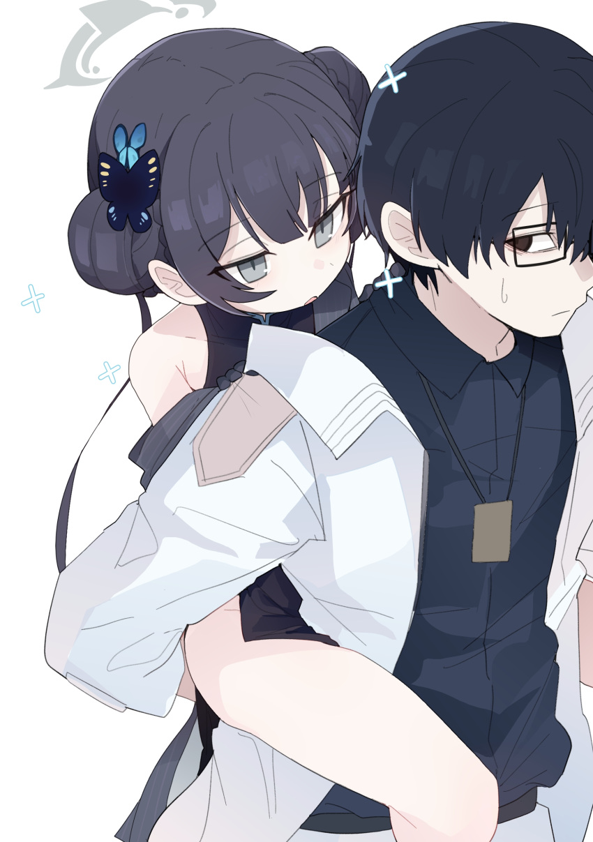 1boy 1girl absurdres bags_under_eyes bare_legs black_hair black_shirt blush braid braided_bun butterfly_hair_ornament carrying coat double_bun glasses hair_bun hair_ornament halo hetero highres kisaki_(blue_archive) lanyard looking_at_another pearlgang_e piggyback problem_solver_sensei_(blue_archive) rectangular_eyewear sensei_(blue_archive) shirt simple_background twintails white_background white_coat