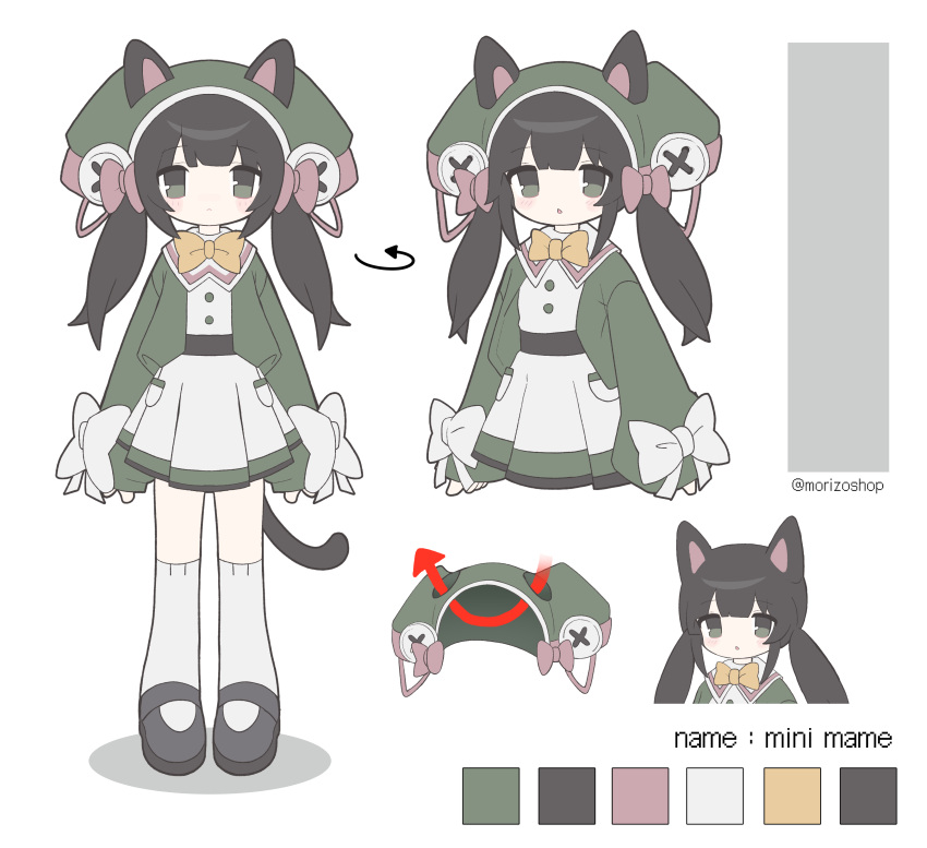 1girl absurdres animal_ears arrow_(symbol) black_hair black_sash bow bowtie buttons cat_ears cat_girl cat_tail color_guide dress green_eyes green_footwear green_jacket grey_footwear hat highres jacket kneehighs long_hair long_sleeves mary_janes morizo_(morizoshop) open_clothes open_jacket original pink_bow puffy_long_sleeves puffy_sleeves reference_sheet sash shoes sleeve_bow socks standing tail twintails twitter_username white_bow white_dress white_socks yellow_bow yellow_bowtie