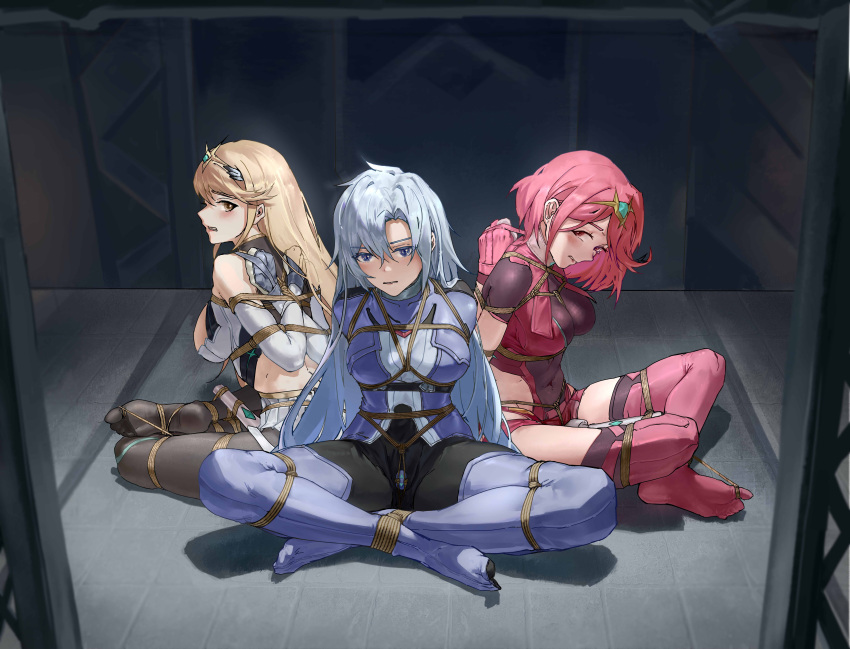 3girls a_(xenoblade) absurdres arms_behind_back artist_request bare_shoulders bdsm black_thighhighs blonde_hair blue_eyes blush bondage bound bound_ankles bound_arms bound_legs bound_wrists check_artist commission covered_navel dress fingerless_gloves gloves grey_hair highres hitachi_magic_wand in_locker jewelry locker long_hair looking_at_viewer multiple_girls mythra_(xenoblade) no_shoes pantyhose pink_eyes pink_hair pyra_(xenoblade) restrained reverse_prayer rope sex_toy shibari shibari_over_clothes short_hair short_shorts shorts skirt taiyi thighhighs tiara vibrator xenoblade_chronicles_(series) xenoblade_chronicles_2 yellow_eyes