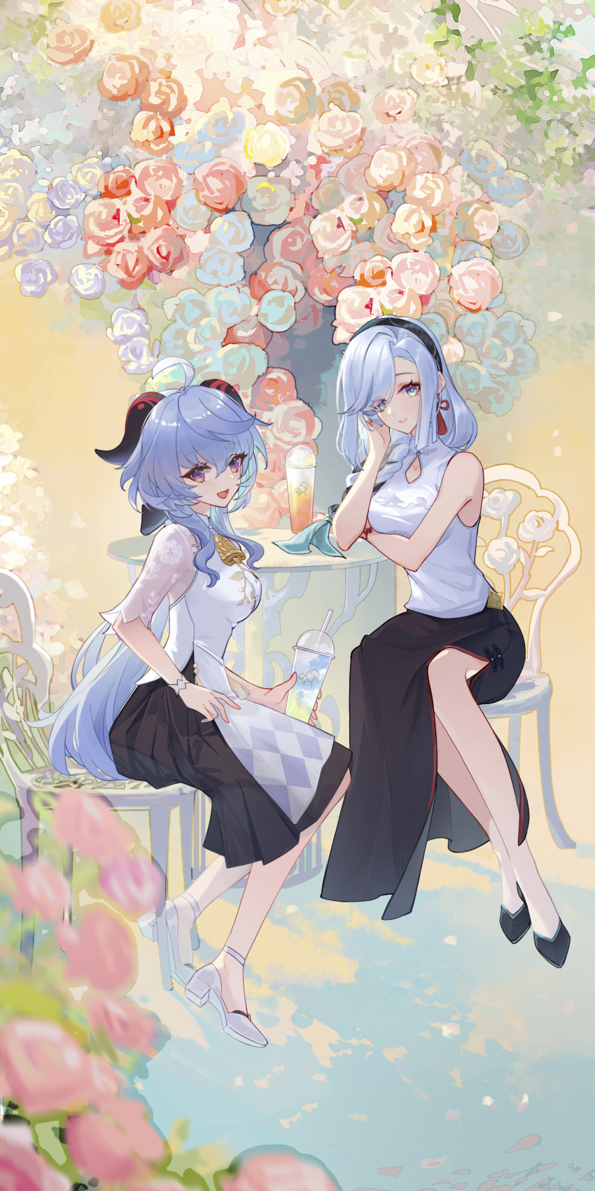 2girls absurdres ahoge bell black_skirt blue_eyes blue_hair blush boutique breasts chair cup disposable_cup drinking_straw flower full_body ganyu_(genshin_impact) ganyu_(heytea)_(genshin_impact) genshin_impact hair_over_one_eye hairband high_heels highres holding holding_cup horns long_hair looking_at_viewer medium_breasts multiple_girls neck_bell official_alternate_costume open_mouth purple_eyes red_tassel see-through see-through_sleeves shenhe_(genshin_impact) shenhe_(heytea)_(genshin_impact) shirt sidelocks sitting skirt sleeveless sleeveless_shirt smile table white_shirt white_wristband zima_(zima_zima)