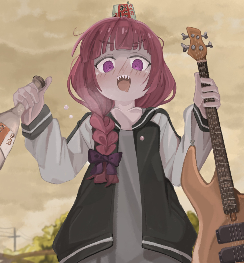 @_@ absurdres alcohol alcohol_carton bass_guitar blush bocchi_the_rock! bottle braid dress drooling from_below full-face_blush green_dress hair_over_shoulder highres hiroi_kikuri holding holding_bottle instrument jacket looking_at_viewer looking_down low-braided_long_hair mouth_drool multicolored_clothes multicolored_jacket naaga_sonomono open_mouth outdoors purple_eyes purple_hair sake sharp_teeth single_braid teeth two-tone_jacket v-shaped_eyebrows