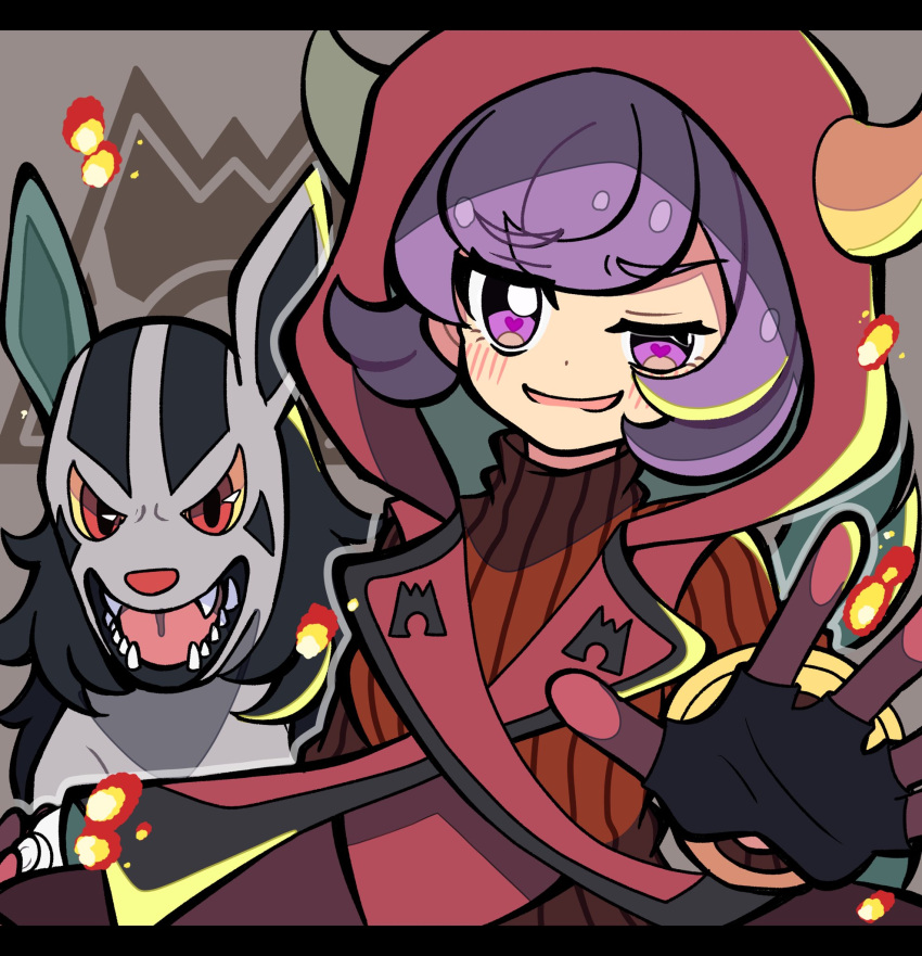 1girl black_fur black_gloves colored_sclera commentary_request courtney_(pokemon) dot_nose fake_horns fire gloves grey_background grey_fur half-closed_eyes heart heart_in_eye highres horns kokashiho letterboxed mightyena open_mouth pokemon pokemon_(creature) pokemon_oras purple_hair red_eyes red_hood red_sweater sharp_teeth short_hair sweater symbol_in_eye teeth turtleneck turtleneck_sweater two-tone_fur upper_body yellow_sclera