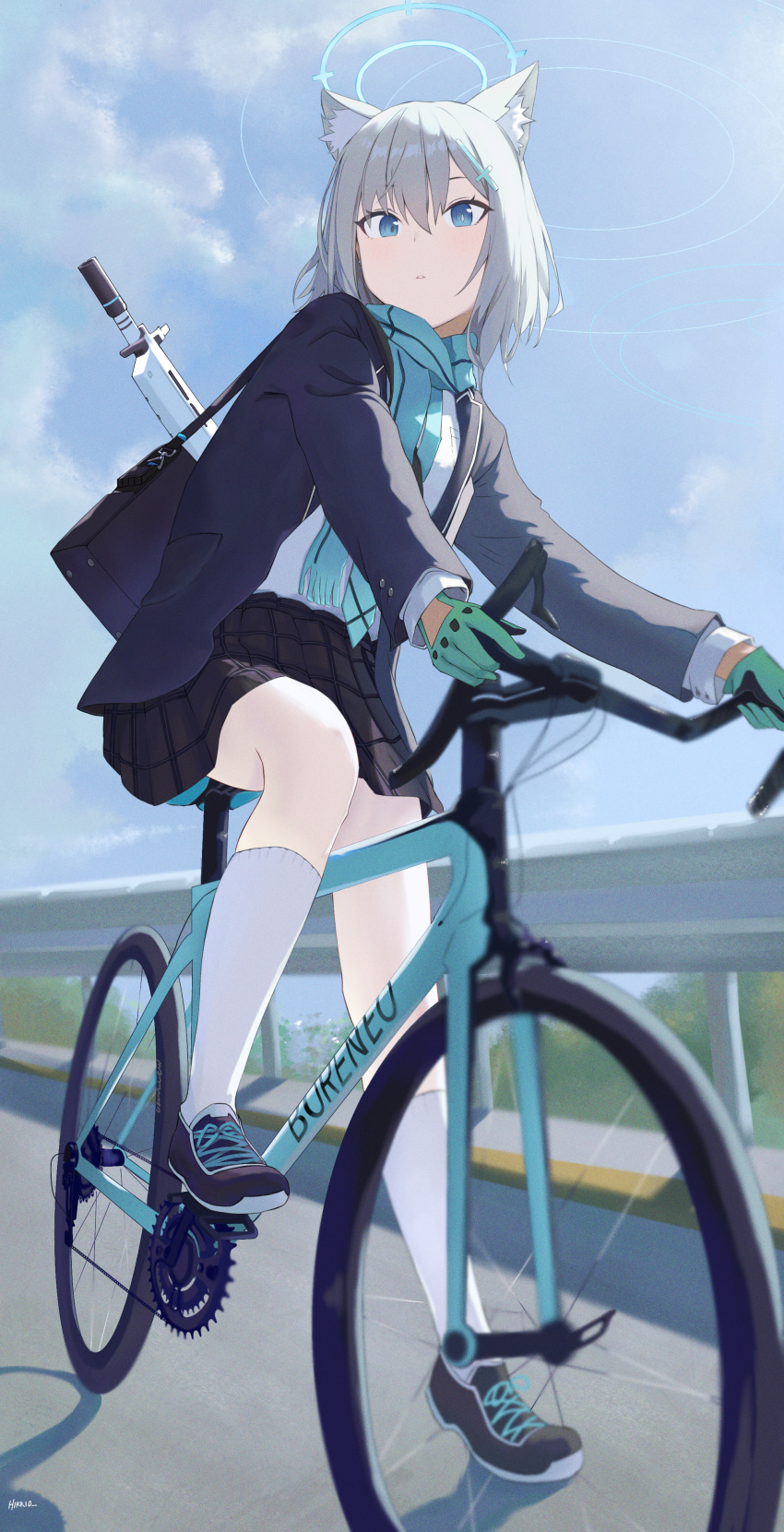1girl absurdres animal_ear_fluff animal_ears bicycle black_footwear black_skirt blue_archive blue_bag blue_eyes blue_halo blue_jacket blue_scarf blue_sky cloud cloudy_sky commentary gloves green_gloves grey_hair gun halo highres hikkio jacket kneehighs long_sleeves looking_at_viewer looking_down medium_hair open_clothes open_jacket outdoors parted_lips pleated_skirt scarf school_uniform shiroko_(blue_archive) shirt shoes sitting skirt sky socks solo weapon white_shirt white_socks wolf_ears