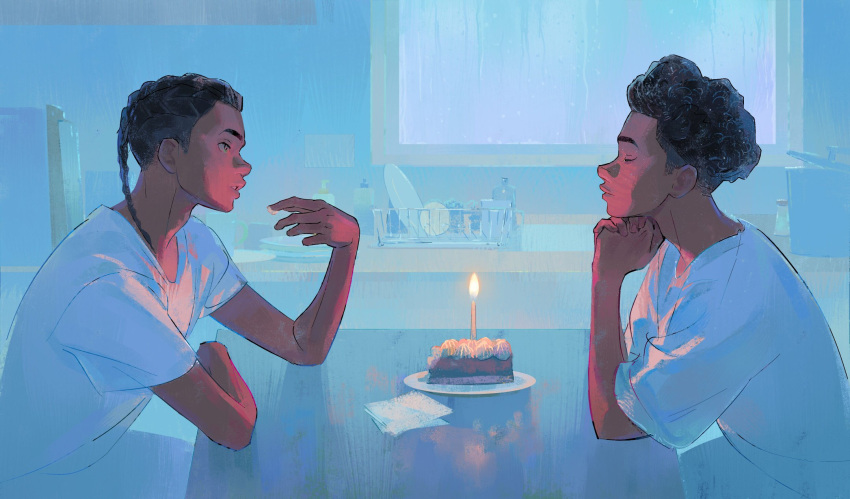 2boys afro arm_on_table black_hair blue_background braid brown_eyes cake cake_slice candle chinese_commentary closed_eyes commentary_request cooking_pot dark-skinned_male dark_persona dark_skin dual_persona elbows_on_table face-to-face fire food from_side hands_on_own_chin highres icing indoors interlocked_fingers kitchen lingcod_dayu long_hair looking_at_another male_focus marvel miles_g._morales miles_morales multiple_boys napkin own_hands_clasped own_hands_together parted_lips plate reflective_table shirt short_hair short_sleeves single_braid sink sitting soap_bottle spider-man:_across_the_spider-verse spider-man_(series) spider-verse t-shirt talking thick_eyebrows upper_body very_dark_skin white_shirt white_sleeves wide_sleeves window