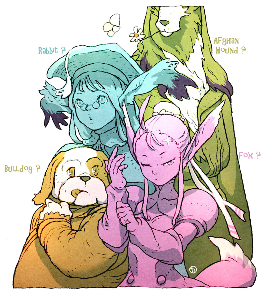 2boys 2girls animal_ears arm_up bow_(breath_of_fire) breath_of_fire breath_of_fire_ii breath_of_fire_iii breath_of_fire_iv bun_cover closed_eyes closed_mouth cropped_legs crying dog_boy dog_ears english_text flower gauntlets glasses hair_bun hat highres looking_at_another looking_down looking_to_the_side momo_(breath_of_fire) mortarboard multiple_boys multiple_girls multiple_monochrome scias single_hair_bun sparkle standing tail tongue tongue_out ursula_(breath_of_fire) white_background yoshikawa_tatsuya