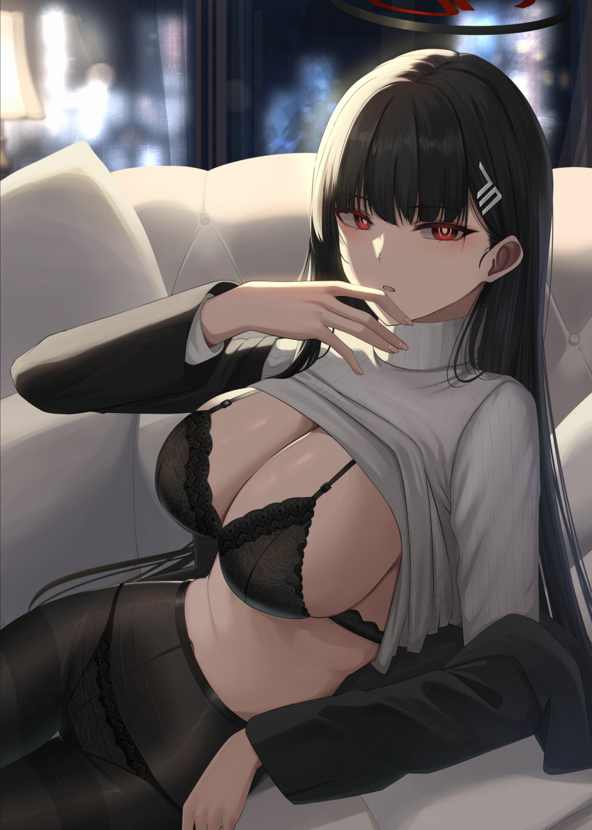 1girl absurdres black_bra black_hair black_jacket black_pantyhose blue_archive blush bra breasts bright_pupils cleavage commentary_request couch hair_ornament halo highres indoors jacket large_breasts long_hair long_sleeves looking_at_viewer lying on_side panties panties_under_pantyhose pantyhose parted_lips red_eyes rio_(blue_archive) solo sweater thighband_pantyhose turtleneck turtleneck_sweater underwear white_pupils white_sweater yamikyon