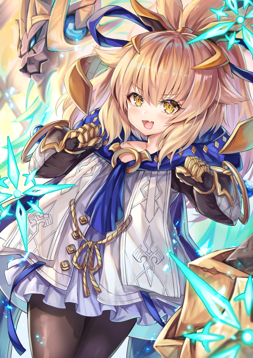 1girl akami770 armor armored_gloves black_pantyhose blonde_hair blue_ribbon blush collarbone cowboy_shot fang flat_chest frills gold hair_ornament hair_ribbon high_ponytail highres hood lion open_mouth pantyhose petite pleated_skirt ribbon shadowverse shirt skirt smile smug sofina_(shadowverse) solo thighs tongue white_shirt white_skirt window yellow_eyes