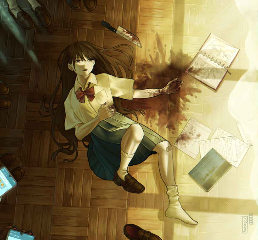 1girl absurdres bandaid bandaid_on_leg blood blood_on_clothes blood_on_ground blood_on_hands blood_on_knife blood_on_weapon blood_stain breast_pocket brown_footwear brown_hair cellphone collared_shirt crying crying_with_eyes_open drooling empty_eyes floor green_skirt guro highres injury kneehighs knife long_hair lying mczk_riv26 mouth_drool neck_ribbon on_back on_floor open_mouth original paper phone pleated_skirt pocket red_ribbon ribbon saliva scenery school_uniform shirt shoes short_sleeves skirt smartphone socks suicide tears uniform weapon white_shirt wooden_floor
