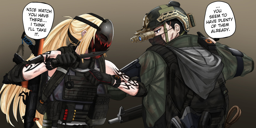 1boy 1girl aa-12 absurdres arm_tattoo assault_rifle backpack bag battle black_gloves black_hair blonde_hair blood blood_on_clothes blood_on_face combat_helmet commission elbow_pads english_commentary english_text foregrip gas_mask gloves green_eyes gun hands_up helmet highres holding holding_knife hood hood_down hooded_jacket jacket knife long_hair looking_at_another m4_carbine magazine_(weapon) mask matsu_arts mouth_mask night_vision_device original plate_carrier ponytail red_eyes rifle scar shirt short_hair shotgun shotgun_shell speech_bubble tattoo tom_clancy's_the_division upper_body watch weapon white_shirt wristwatch