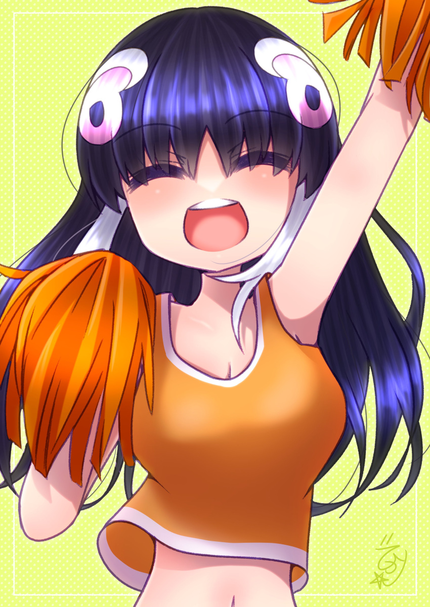 1girl absurdres african_penguin_(kemono_friends) arm_up armpits bare_shoulders black_hair cheerleader highres hikarikmy holding holding_pom_poms kemono_friends kemono_friends_v_project long_hair looking_at_viewer multicolored_hair navel penguin_girl pink_hair pom_pom_(cheerleading) simple_background smile solo tank_top virtual_youtuber white_hair yellow_background