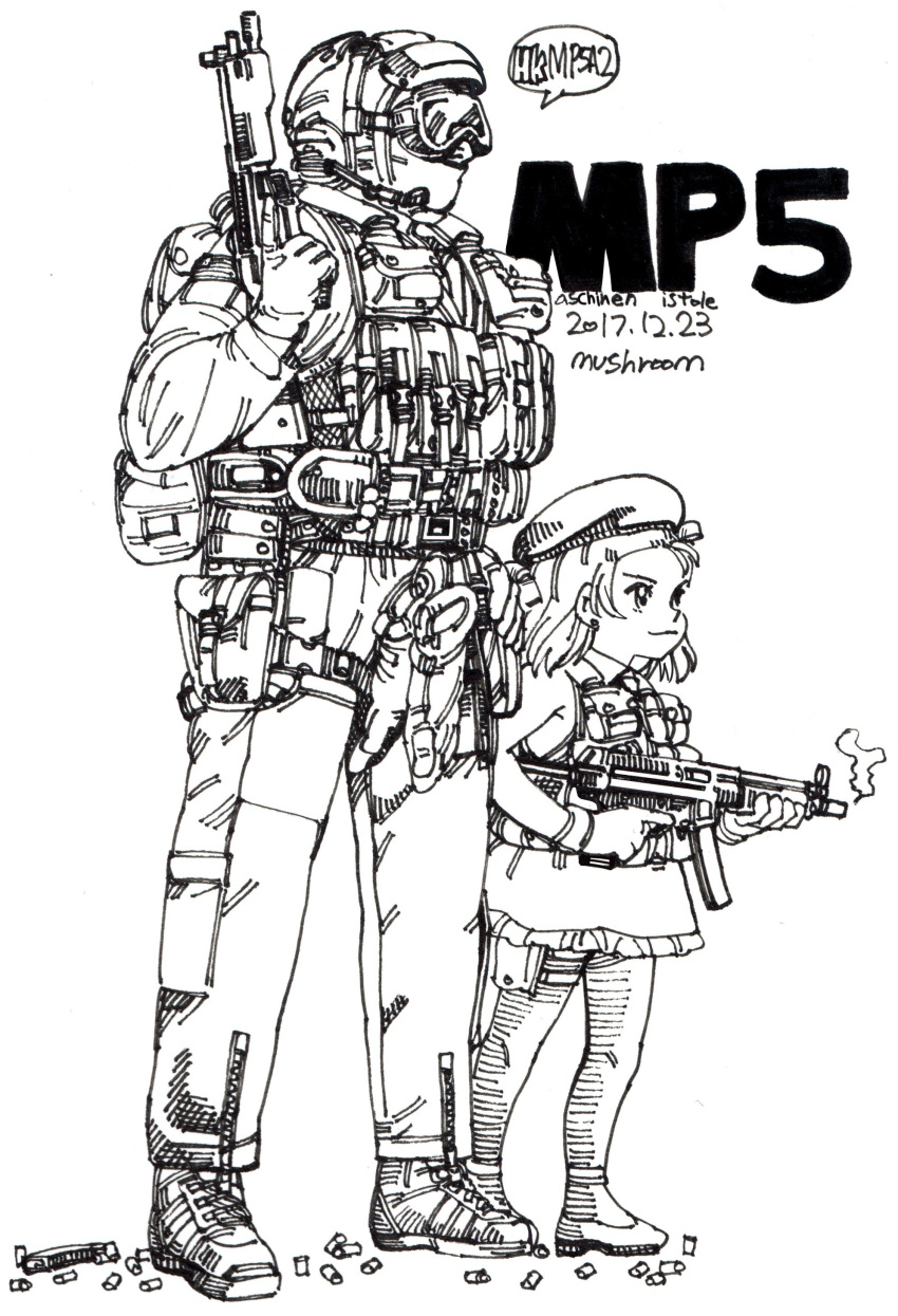 1boy 1girl absurdres ammunition_pouch anklet artist_name backpack bag balaclava beret carabiner commentary covered_face dated dress girls'_frontline gloves goggles greyscale gun h&amp;k_mp5 hand_up hat headset helmet highres holding holding_gun holding_weapon holster jewelry load_bearing_vest long_hair long_sleeves looking_ahead monochrome mp5_(girls'_frontline) mushroom_(osh320) pants pantyhose pouch shell_casing shoes short_dress short_hair side-by-side sleeveless sleeveless_dress smile smoke smoking_gun speech_bubble standing submachine_gun tactical_clothes trigger_discipline unworn_gloves v-shaped_eyebrows weapon weapon_name