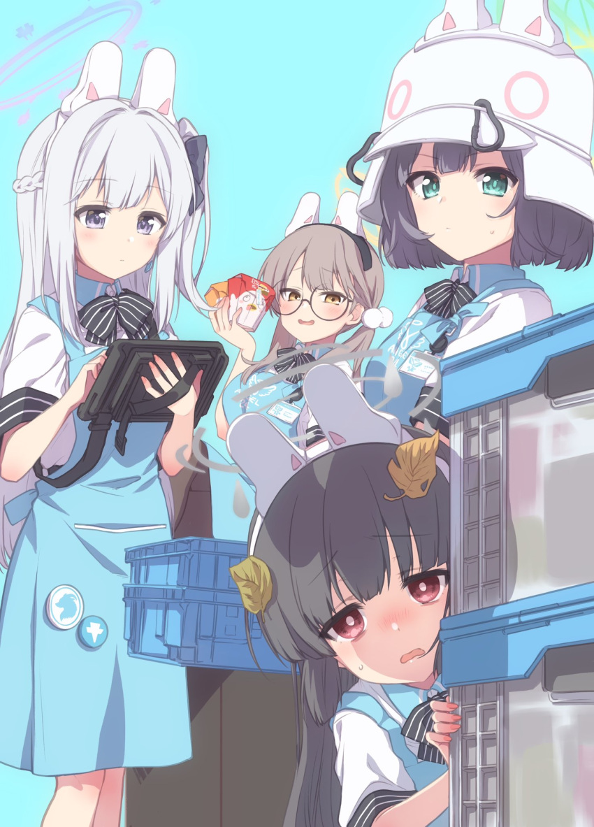 4girls angel's_24_uniform_(blue_archive) animal_ears apron black_bow black_bowtie black_hair blue_apron blue_archive blue_background blush bow bowtie braid breasts brown_eyes brown_hair closed_mouth collared_shirt combat_helmet fake_animal_ears fingernails glasses green_eyes grey_hair helmet highres kuroi_mimei large_breasts long_hair miyako_(blue_archive) miyu_(blue_archive) moe_(blue_archive) multiple_girls one_side_up open_mouth peroro_(blue_archive) polo_shirt purple_eyes rabbit_ears rabbit_platoon_(blue_archive) red_eyes round_eyewear saki_(blue_archive) shirt short_hair simple_background stahlhelm upper_body white_shirt