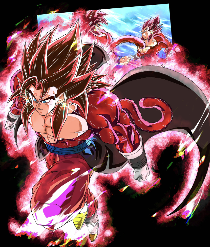 absurdres blue_eyes blue_sash body_fur closed_mouth commentary_request dragon_ball dragon_ball_heroes earrings gloves highres jewelry long_hair male_focus monkey_boy monkey_tail multiple_boys muscular muscular_male no_nipples oharu2000 pants pectorals potara_earrings red_fur saiyan sash son_goku son_goku_(xeno) spiked_hair super_full_power_saiyan_4_limit_breaker super_saiyan super_saiyan_4 tail time_patrol_(dragon_ball) vegeta vegeta_(xeno) vegetto vegetto_(xeno)