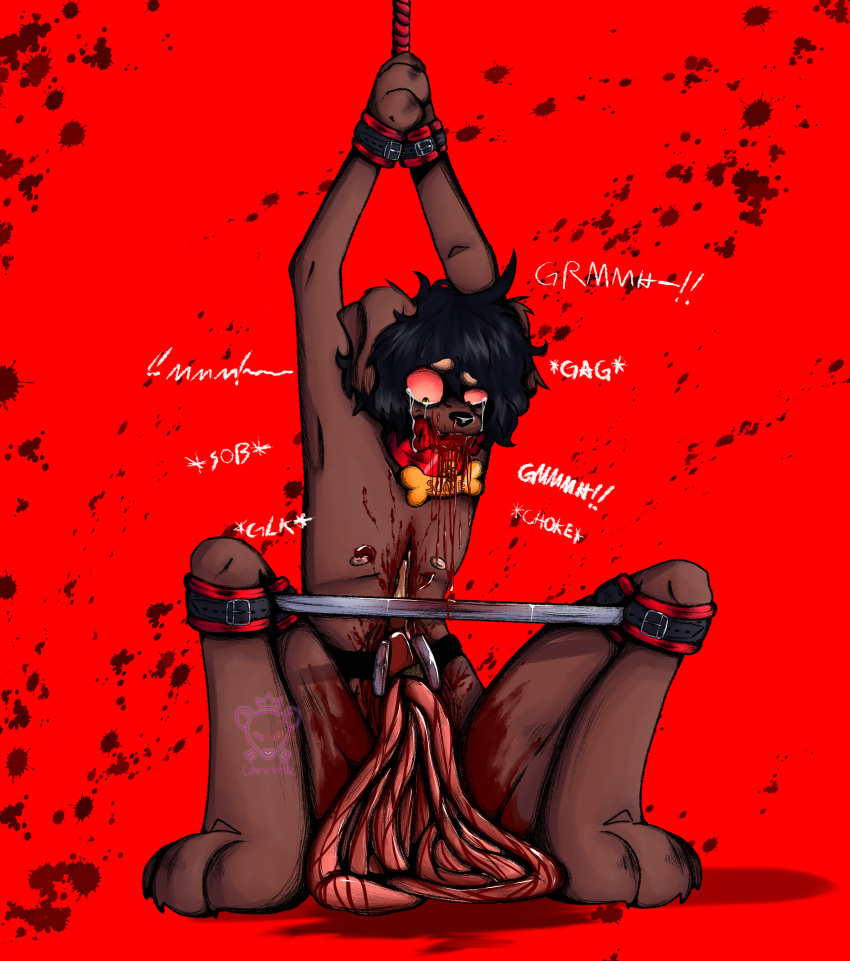absurd_res anthro arms_tied bdsm bdsm_collar bdsm_gear blood blood_in_mouth blood_on_chest blood_on_face blood_on_leg bloodshot_eyes bodily_fluids bound bubs canid canine canis cannifilic collar cuff_(restraint) cut_open disembowelment domestic_dog gag gagged gore guts handcuffed handcuffs hands_tied held_up hi_res intestines male mammal metal_cuffs nosebleed open_stomach organs otis_kramer restraints solo spread_legs spreading tag tagged tears tears_of_pain wrists_tied