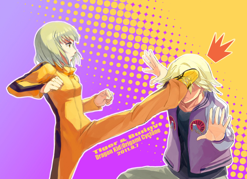 1boy 1girl bad_id bad_pixiv_id blonde_hair bodysuit bruce_lee's_jumpsuit highres huang_baoling ivan_karelin jacket kannazuki_yuu kicking letterman_jacket orange_bodysuit purple_jacket shaded_face short_hair tiger_&amp;_bunny