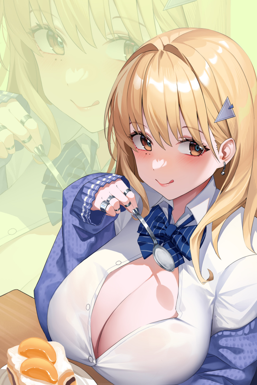 1girl absurdres blonde_hair blue_cardigan blue_skirt blush bow bowtie bra breasts brown_eyes cake cardigan cleavage closed_mouth ear_piercing earrings food gaosu_gong_lu goddess_of_victory:_nikke hair_ornament highres holding holding_spoon huge_breasts jewelry large_breasts looking_at_viewer manicure nail nail_polish partially_unbuttoned piercing ring shirt sitting skirt smile solo spoon tia_(nikke) tongue tongue_out underwear white_shirt zoom_layer