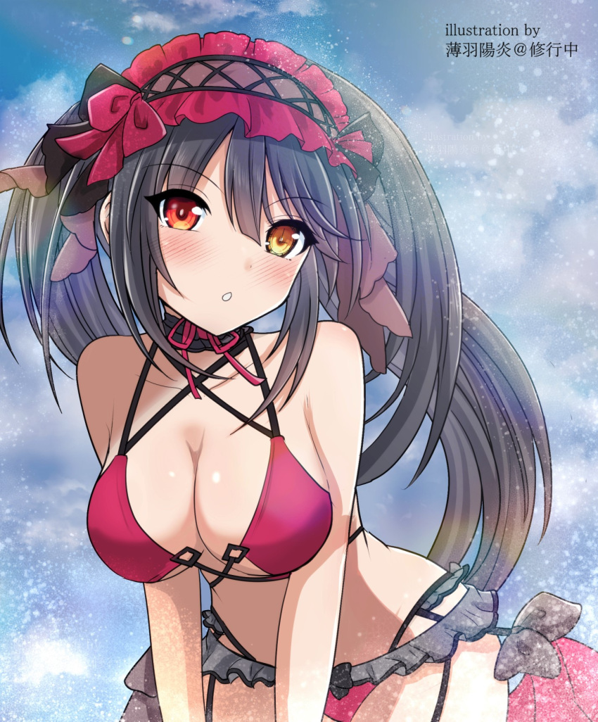 1girl :o bare_shoulders bikini black_hair blush breasts clock_eyes date_a_live frilled_bikini frilled_hairband frills hairband heterochromia highres large_breasts lolita_hairband looking_at_viewer red_eyes red_hairband solo swimsuit symbol-shaped_pupils tokisaki_kurumi usuba_kagerou_(shougyouchu)