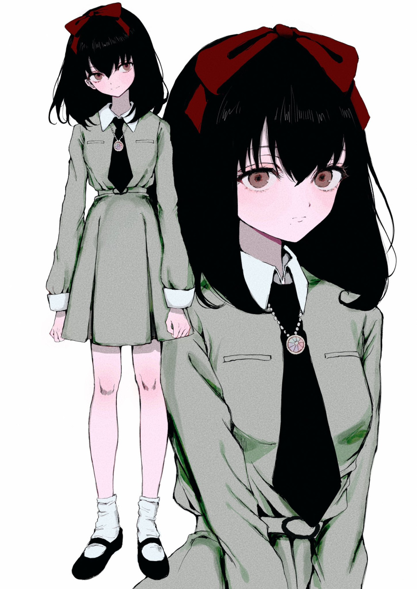 1girl black_footwear black_hair black_necktie brown_eyes character_request closed_mouth highres long_sleeves looking_at_viewer medium_hair necktie persona persona_1 pocket simple_background socks standing white_socks yuyuyuyhz