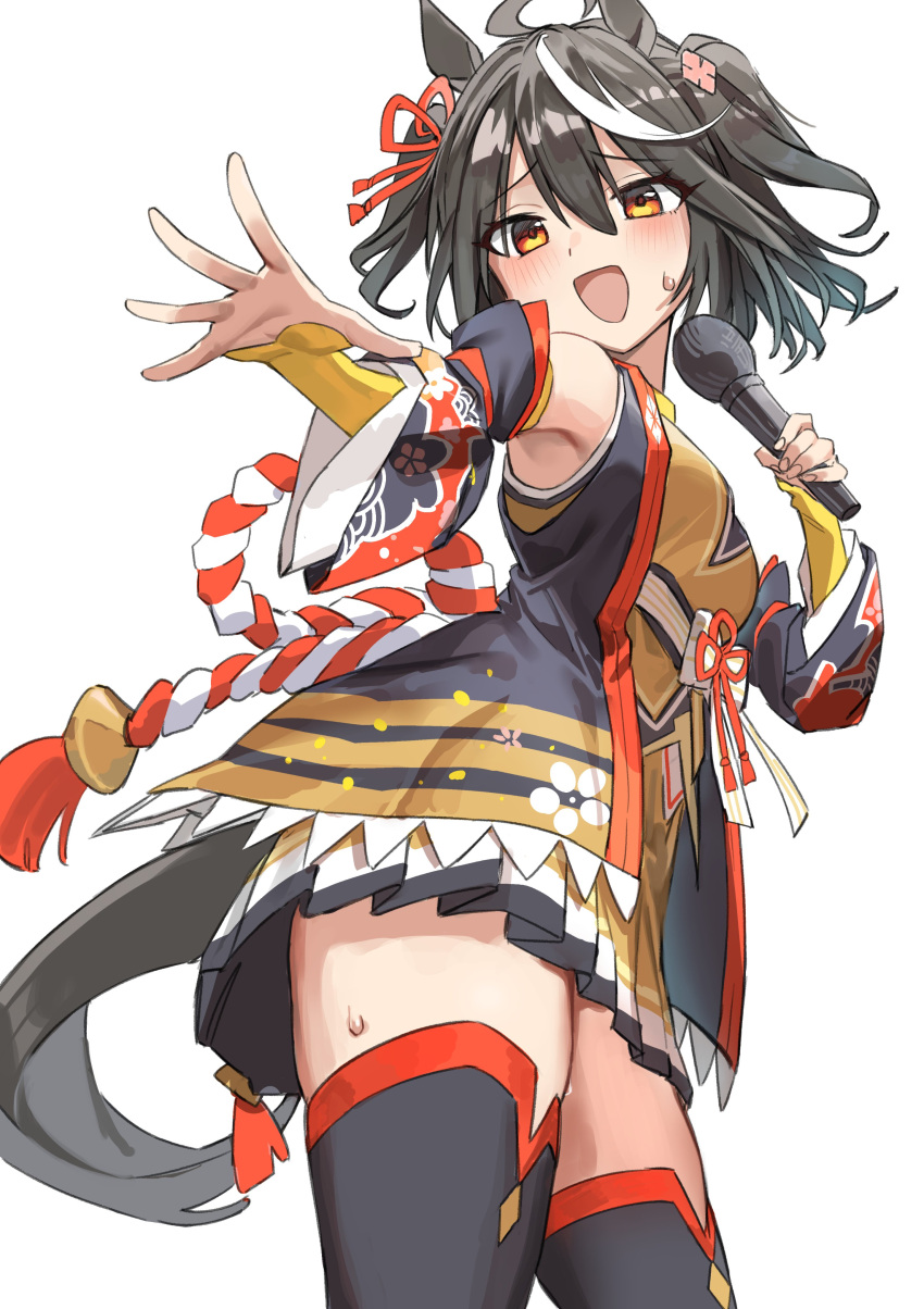 1girl absurdres ahoge animal_ears armpits bare_shoulders black_hair black_sleeves blush chanchanko_(clothes) commentary detached_sleeves double-parted_bangs feet_out_of_frame hair_between_eyes hair_ornament hair_ribbon hand_up haruyuki_(gffewuoutgblubh) highres holding holding_microphone horse_ears horse_girl horse_tail kitasan_black_(umamusume) kouhaku_nawa microphone multicolored_hair open_hand open_mouth orange_shirt orange_skirt red_ribbon ribbon rope shimenawa shirt short_hair simple_background skirt sleeveless solo streaked_hair sweat tail thick_thighs thighs two_side_up umamusume white_background white_hair yellow_eyes yellow_sleeves