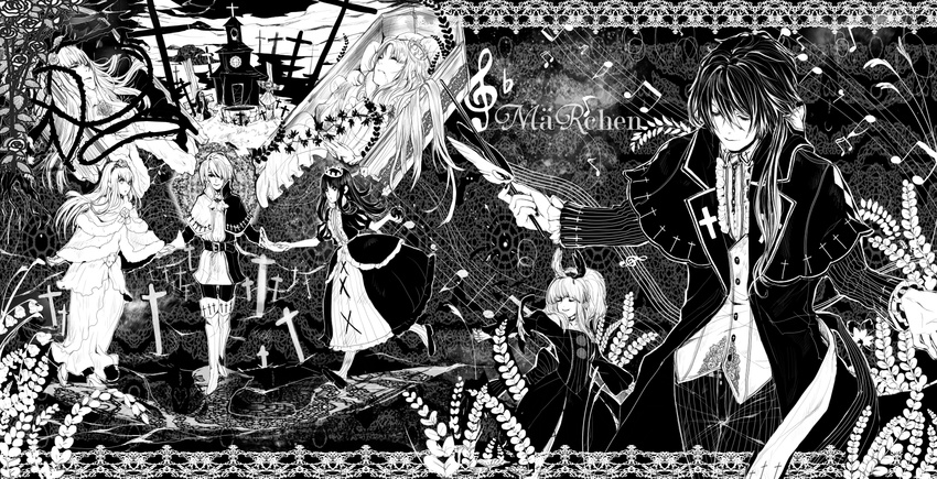 6+girls closed_eyes dornroschen elisabeth_von_wettin elyse erotatsu greyscale highres marchen marchen_von_friedhof monochrome multiple_boys multiple_girls musical_note nun_(marchen) prince schneewittchen sleeping_beauty sound_horizon tettere