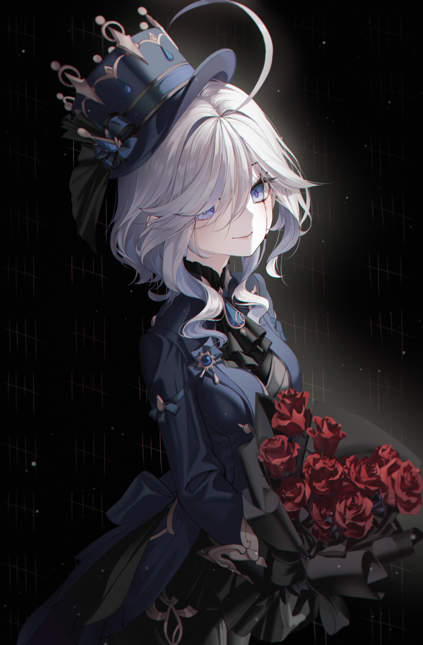 1girl absurdres ahoge amaroku_neko ascot black_ascot black_background blood blood_from_eyes blue_eyes blue_jacket bouquet closed_mouth flower furina_(genshin_impact) genshin_impact hat highres holding holding_bouquet jacket long_sleeves red_flower red_rose rose smile solo white_hair