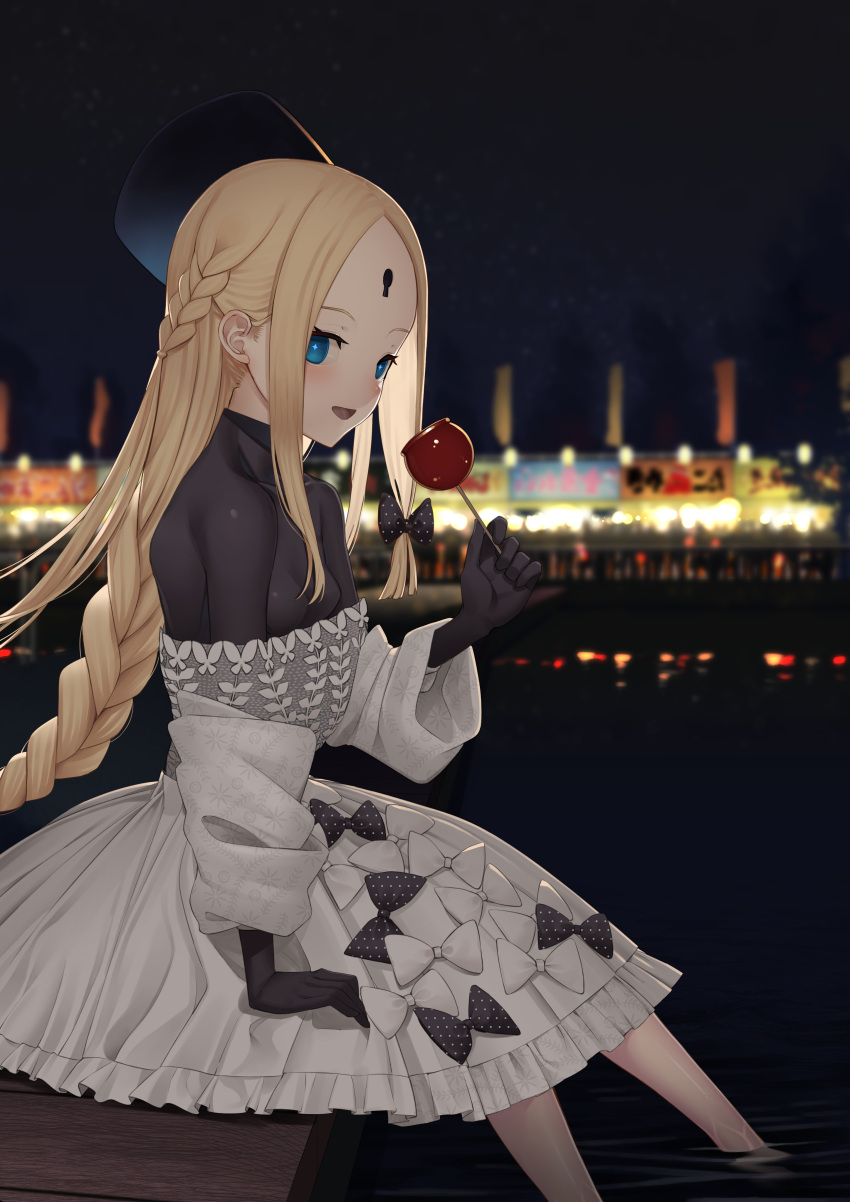 1girl abigail_williams_(event_portrait)_(fate) abigail_williams_(fate) absurdres black_headwear black_shirt blonde_hair blue_eyes bodystocking braid braided_ponytail breasts candy_apple dress fate/grand_order fate_(series) food forehead grey_dress hat highres keyhole long_hair long_sleeves looking_at_viewer night night_sky off_shoulder parted_bangs shiro_ami shirt sidelocks sitting sky small_breasts smile solo very_long_hair