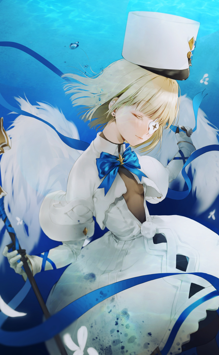 1girl absurdres air_bubble azur_lane blonde_hair bodystocking bodysuit bodysuit_under_clothes breasts bubble capelet closed_eyes coat_dress dress ear_piercing flower_eyepatch fur-trimmed_capelet fur_trim gloves highres le_terrible_(azur_lane) long_sleeves piercing short_hair small_breasts solo tanxing_jiu underwater white_capelet white_dress white_gloves white_headwear