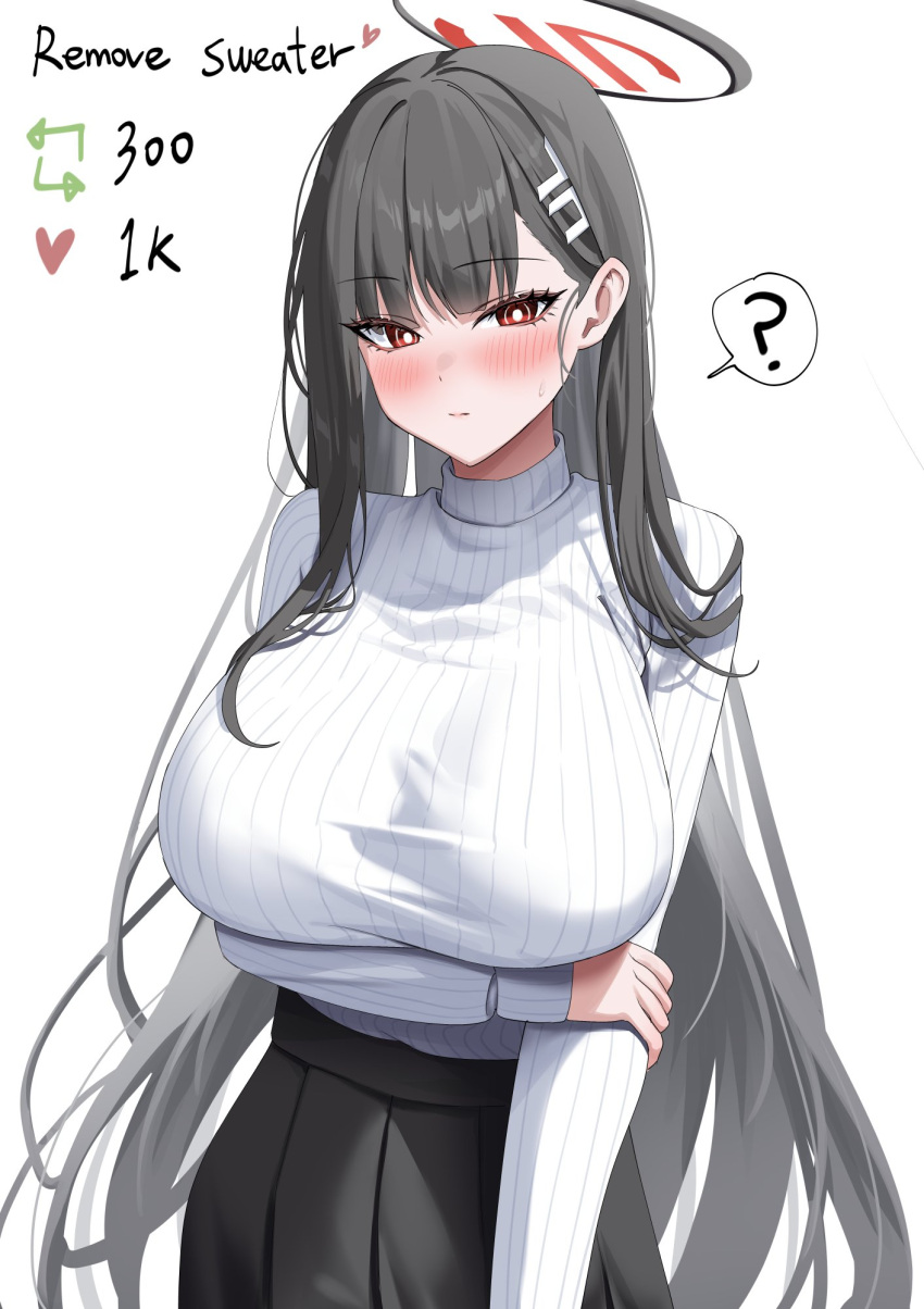 1girl black_hair black_halo black_pantyhose blue_archive blush breasts bright_pupils english_commentary hair_ornament hairclip halo highres large_breasts long_hair looking_at_viewer meme pantyhose red_eyes ribbed_sweater rio_(blue_archive) simple_background solo sweater turtleneck turtleneck_sweater twitter_strip_game_(meme) white_background white_pupils white_sweater yampa