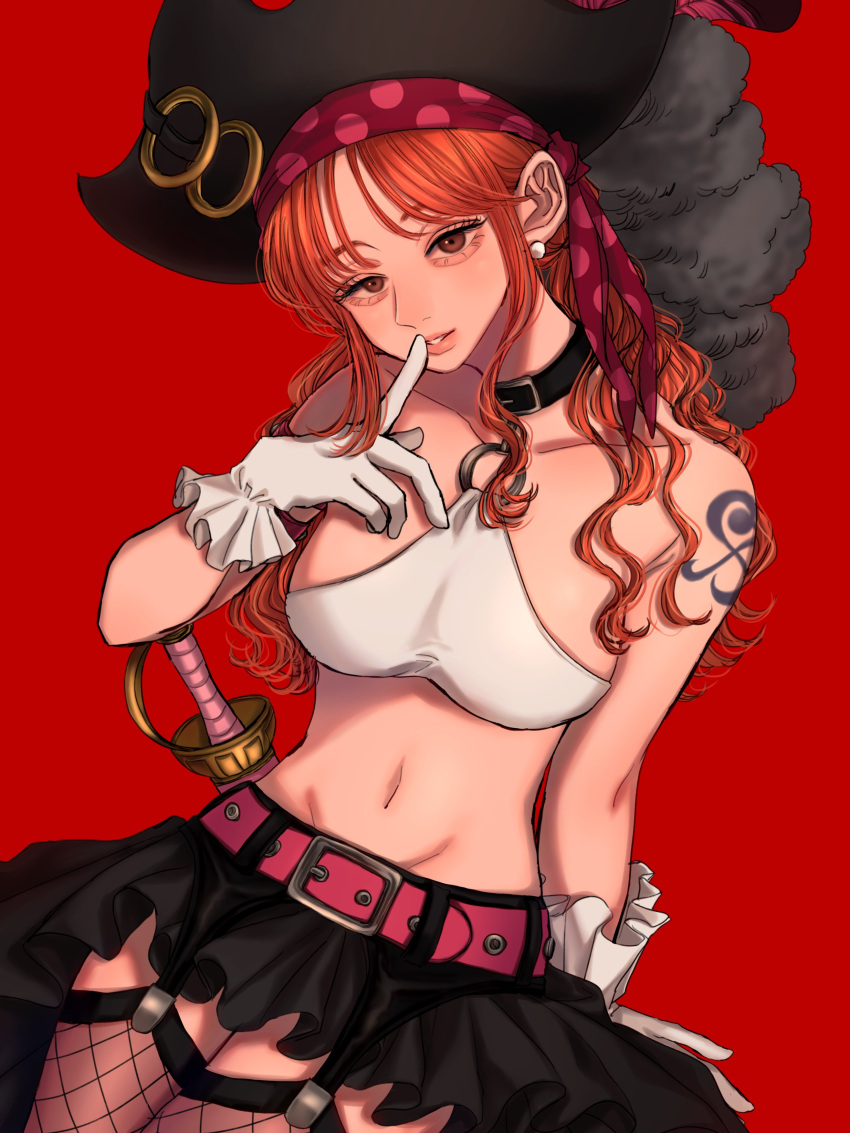 1girl absurdres arm_tattoo bare_shoulders belt black_collar black_skirt breasts brown_eyes collar collarbone commentary_request crop_top earrings eyelashes finger_to_mouth fishnet_thighhighs fishnets frilled_gloves frilled_skirt frills garter_belt gloves groin hairband hat highres jewelry long_hair looking_at_viewer midriff nami_(one_piece) navel norimaki_(seidan0611) o-ring o-ring_top official_alternate_costume one_piece one_piece_film:_red orange_hair parted_lips pink_lips pirate_hat red_background red_hairband simple_background skirt solo sword tattoo teeth thighhighs weapon white_gloves