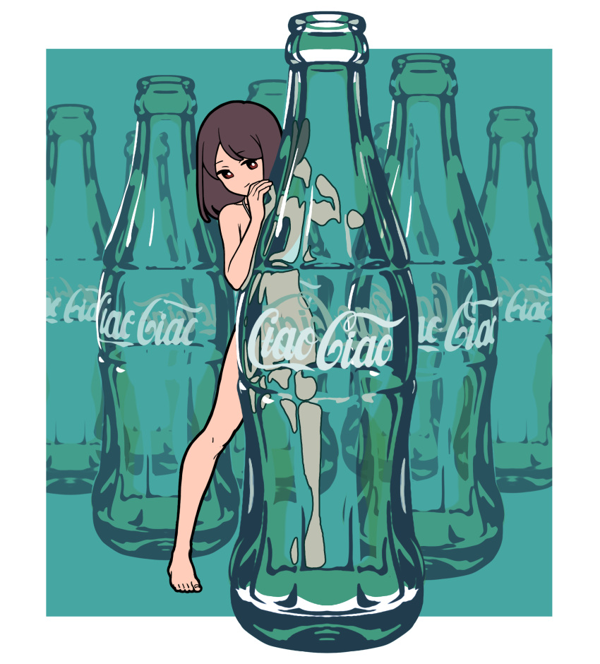 1girl absurdres arimoto_wataru bottle breasts brown_eyes brown_hair closed_mouth coca-cola completely_nude highres looking_at_viewer medium_breasts mini_person nude original soda_bottle solo standing